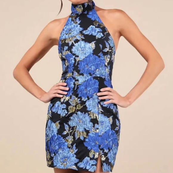 Lulu’s Extraordinary Impression Black Floral Jacquard Halter Mini Dress - Picture 1 of 3